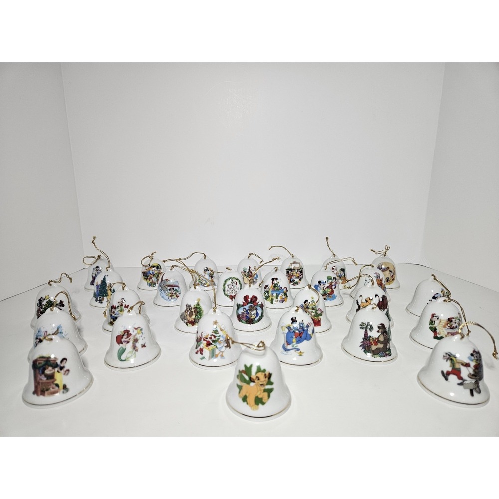 Disney Grolier Porcelain Bell Christmas Ornaments Mickey Simba Huge Lot Vintage